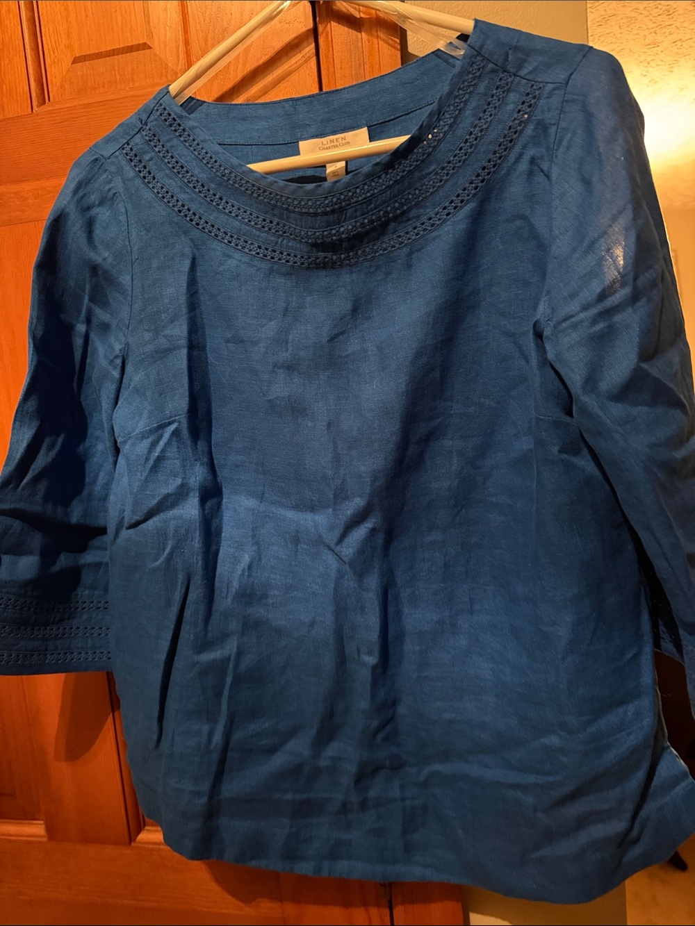 Royal Blue Linen-Blend Crochet Yoke Tunic